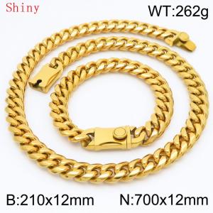 Fashionable and minimalist polished plain chain men's 12 * 700mm titanium steel gold-plated Cuban bracelet necklace two-piece set - KS220502-Z