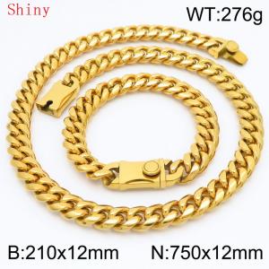 Fashionable and minimalist polished plain chain men's 12 * 750mm titanium steel gold-plated Cuban bracelet necklace two-piece set - KS220503-Z