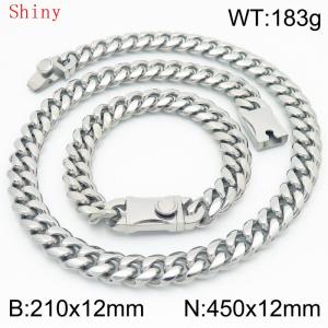 Fashionable and minimalist polished plain chain men's 12 * 450mm titanium steel Cuban bracelet necklace two-piece set - KS220504-Z