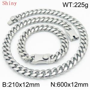 Fashionable and minimalist polished plain chain men's 12 * 600mm titanium steel Cuban bracelet necklace two-piece set - KS220507-Z