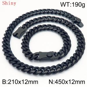 12mm Black Smooth Cuban Chain 45cm NecklaceBracelet for Men With High-end Clasp Charm Jewelry Set - KS220511-Z