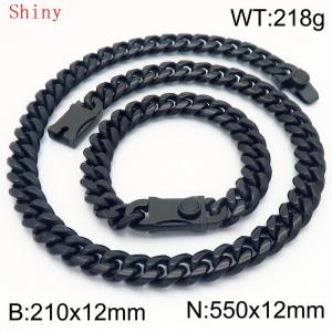 12mm Black Smooth Cuban Chain 55cm NecklaceBracelet for Men With High-end Clasp Charm Jewelry Set - KS220513-Z