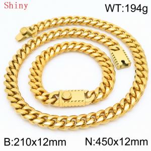 12mm Gold Smooth Cuban Chain 45cm NecklaceBracelet for Men With High-end Clasp Charm Jewelry Set - KS220518-Z