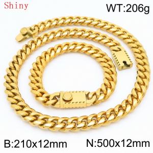 12mm Gold Smooth Cuban Chain 50cm NecklaceBracelet for Men With High-end Clasp Charm Jewelry Set - KS220519-Z