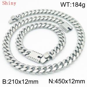 12mm Silver Smooth Cuban Chain 45cm NecklaceBracelet for Men With High-end Clasp Charm Jewelry Set - KS220525-Z