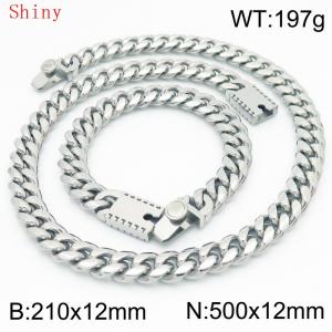 12mm Silver Smooth Cuban Chain 50cm NecklaceBracelet for Men With High-end Clasp Charm Jewelry Set - KS220526-Z