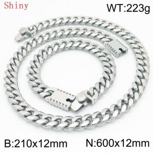 12mm Silver Smooth Cuban Chain 60cm NecklaceBracelet for Men With High-end Clasp Charm Jewelry Set - KS220528-Z