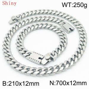 12mm Silver Smooth Cuban Chain 70cm NecklaceBracelet for Men With High-end Clasp Charm Jewelry Set - KS220530-Z