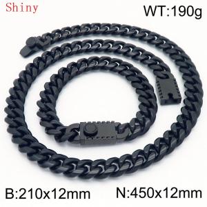 12mm Black Color Smooth Cuban Chain 45cm NecklaceBracelet for Men With High-end Clasp Charm Jewelry Set - KS220532-Z