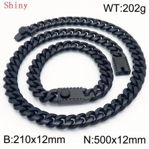 12mm Black Color Smooth Cuban Chain 50cm NecklaceBracelet for Men With High-end Clasp Charm Jewelry Set - KS220533-Z