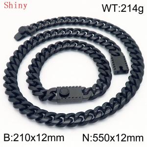 12mm Black Color Smooth Cuban Chain 55cm NecklaceBracelet for Men With High-end Clasp Charm Jewelry Set - KS220534-Z