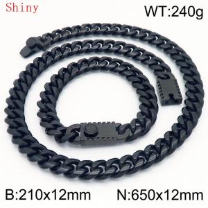 12mm Black Color Smooth Cuban Chain 65cm NecklaceBracelet for Men With High-end Clasp Charm Jewelry Set - KS220536-Z