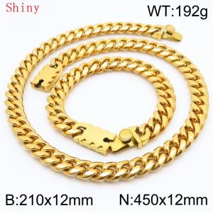 12mm Gold Color Smooth Cuban Chain 45cm NecklaceBracelet for Men With High-end Clasp Charm Jewelry Set - KS220539-Z