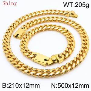 12mm Gold Color Smooth Cuban Chain 50cm NecklaceBracelet for Men With High-end Clasp Charm Jewelry Set - KS220540-Z