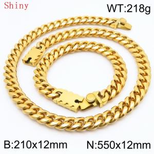 12mm Gold Color Smooth Cuban Chain 55cm NecklaceBracelet for Men With High-end Clasp Charm Jewelry Set - KS220541-Z