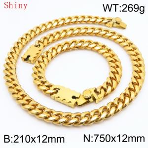 12mm Gold Color Smooth Cuban Chain 75cm NecklaceBracelet for Men With High-end Clasp Charm Jewelry Set - KS220545-Z