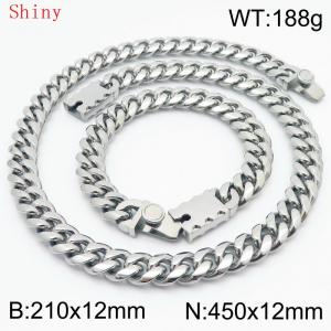 12mm Silver Color Smooth Cuban Chain 45cm NecklaceBracelet for Men With High-end Clasp Charm Jewelry Set - KS220546-Z