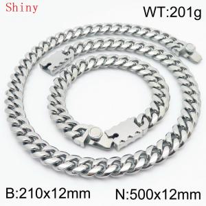 12mm Silver Color Smooth Cuban Chain 50cm NecklaceBracelet for Men With High-end Clasp Charm Jewelry Set - KS220547-Z