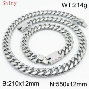 12mm Silver Color Smooth Cuban Chain 55cm NecklaceBracelet for Men With High-end Clasp Charm Jewelry Set - KS220548-Z