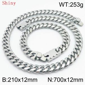 12mm Silver Color Smooth Cuban Chain 70cm NecklaceBracelet for Men With High-end Clasp Charm Jewelry Set - KS220551-Z