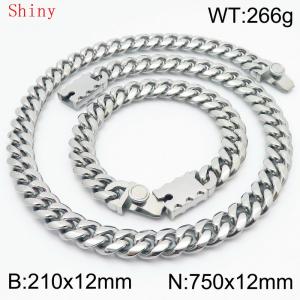 12mm Silver Color Smooth Cuban Chain 75cm NecklaceBracelet for Men With High-end Clasp Charm Jewelry Set - KS220552-Z