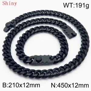 12mm Black Color Shiny Cuban Chain 45cm NecklaceBracelet for Men With High-end Clasp Charm Jewelry Set - KS220553-Z