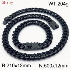 12mm Black Color Shiny Cuban Chain 50cm NecklaceBracelet for Men With High-end Clasp Charm Jewelry Set - KS220554-Z