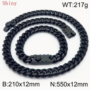 12mm Black Color Shiny Cuban Chain 55cm NecklaceBracelet for Men With High-end Clasp Charm Jewelry Set - KS220555-Z