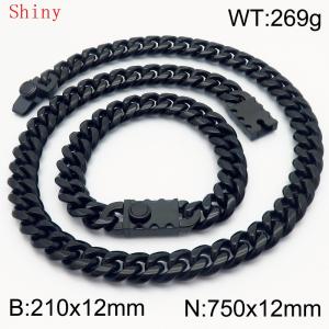 12mm Black Color Shiny Cuban Chain 75cm NecklaceBracelet for Men With High-end Clasp Charm Jewelry Set - KS220559-Z