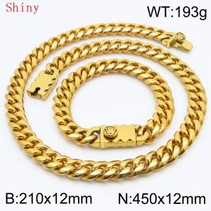 12mm Gold Shiny Cuban Chain 45cm NecklaceBracelet for Men With Crown Clasp Charm Jewelry Set - KS220560-Z