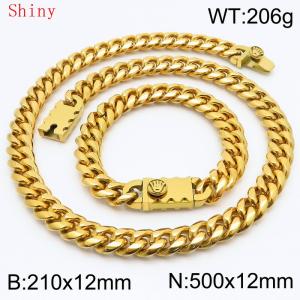 12mm Gold Shiny Cuban Chain 50cm NecklaceBracelet for Men With Crown Clasp Charm Jewelry Set - KS220561-Z