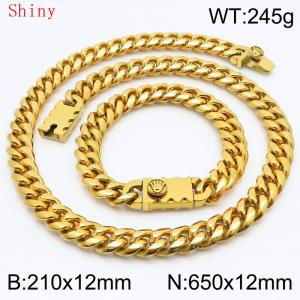 12mm Gold Shiny Cuban Chain 65cm NecklaceBracelet for Men With Crown Clasp Charm Jewelry Set - KS220564-Z