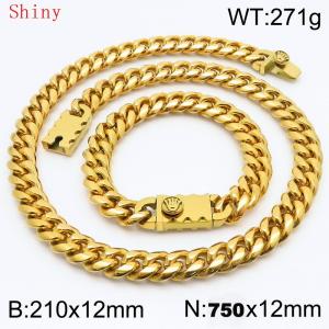 12mm Gold Shiny Cuban Chain 75cm NecklaceBracelet for Men With Crown Clasp Charm Jewelry Set - KS220566-Z