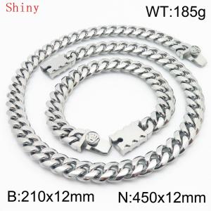 12mm Silver Shiny Cuban Chain 45cm NecklaceBracelet for Men With Crown Clasp Charm Jewelry Set - KS220567-Z