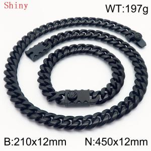 12mm Black Shiny Cuban Chain 45cm NecklaceBracelet for Men With Crown Clasp Charm Jewelry Set - KS220574-Z