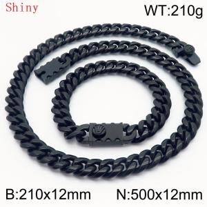 12mm Black Shiny Cuban Chain 50cm NecklaceBracelet for Men With Crown Clasp Charm Jewelry Set - KS220575-Z