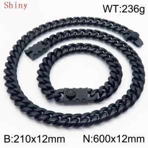 12mm Black Shiny Cuban Chain 60cm NecklaceBracelet for Men With Crown Clasp Charm Jewelry Set - KS220577-Z