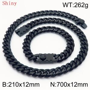 12mm Black Shiny Cuban Chain 70cm NecklaceBracelet for Men With Crown Clasp Charm Jewelry Set - KS220579-Z