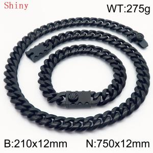 12mm Black Shiny Cuban Chain 75cm NecklaceBracelet for Men With Crown Clasp Charm Jewelry Set - KS220580-Z