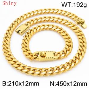 12mm Gold Shiny Cuban Chain 45cm NecklaceBracelet for Men With Lion Clasp Charm Jewelry Set - KS220581-Z