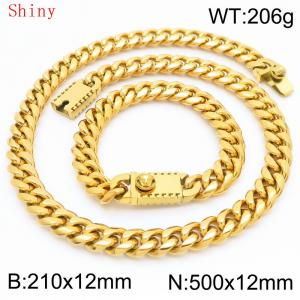 12mm Gold Shiny Cuban Chain 50cm NecklaceBracelet for Men With Lion Clasp Charm Jewelry Set - KS220582-Z