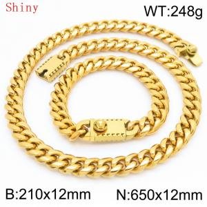 12mm Gold Shiny Cuban Chain 65cm NecklaceBracelet for Men With Lion Clasp Charm Jewelry Set - KS220585-Z