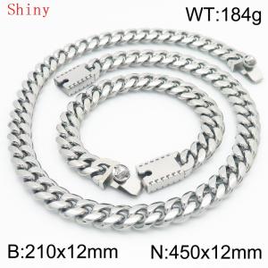 12mm Silver Shiny Cuban Chain 45cm NecklaceBracelet for Men With Lion Clasp Charm Jewelry Set - KS220588-Z