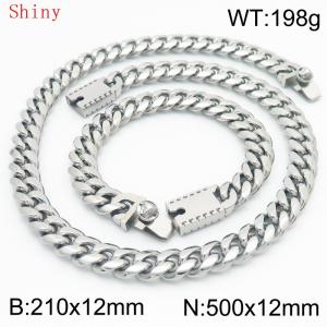 12mm Silver Shiny Cuban Chain 50cm NecklaceBracelet for Men With Lion Clasp Charm Jewelry Set - KS220589-Z