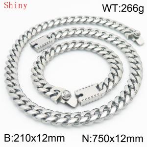 12mm Silver Shiny Cuban Chain 75cm NecklaceBracelet for Men With Lion Clasp Charm Jewelry Set - KS220594-Z