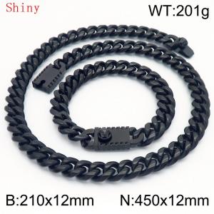 12mm Black Shiny Cuban Chain 45cm NecklaceBracelet for Men With Lion Clasp Charm Jewelry Set - KS220595-Z