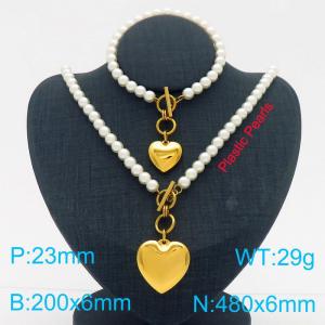 Fashionable and personalized stainless steel pearl chain paired with peach heart pendant bracelet necklace two-piece set - KS220642-Z