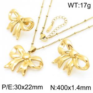 European and American fashion personality stainless steel 400 x 1.4mm fine bead chain hanging bow pendant jewelry charm gold earrings&necklace set - KS220643-KFC