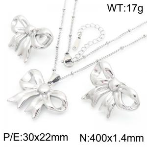 European and American fashion personality stainless steel 400 x 1.4mm fine bead chain hanging bow pendant jewelry charm silver earrings&necklace set - KS220644-KFC