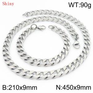 9mm minimalist stainless steel imitation cast chain polished silver bracelet necklace two-piece set - KS220775-Z